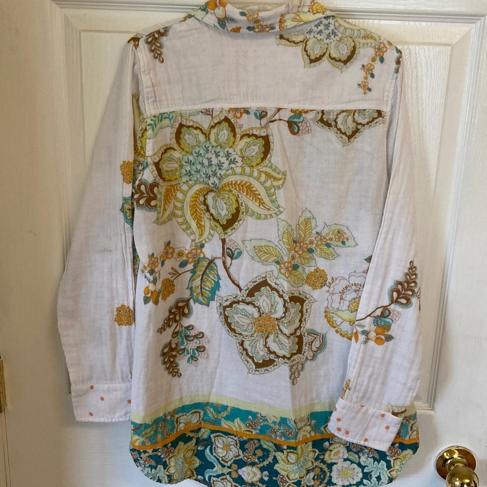 Lightweight Floral Button-Down Shirt - White with Green & Yellow Print - Picture 10 of 13